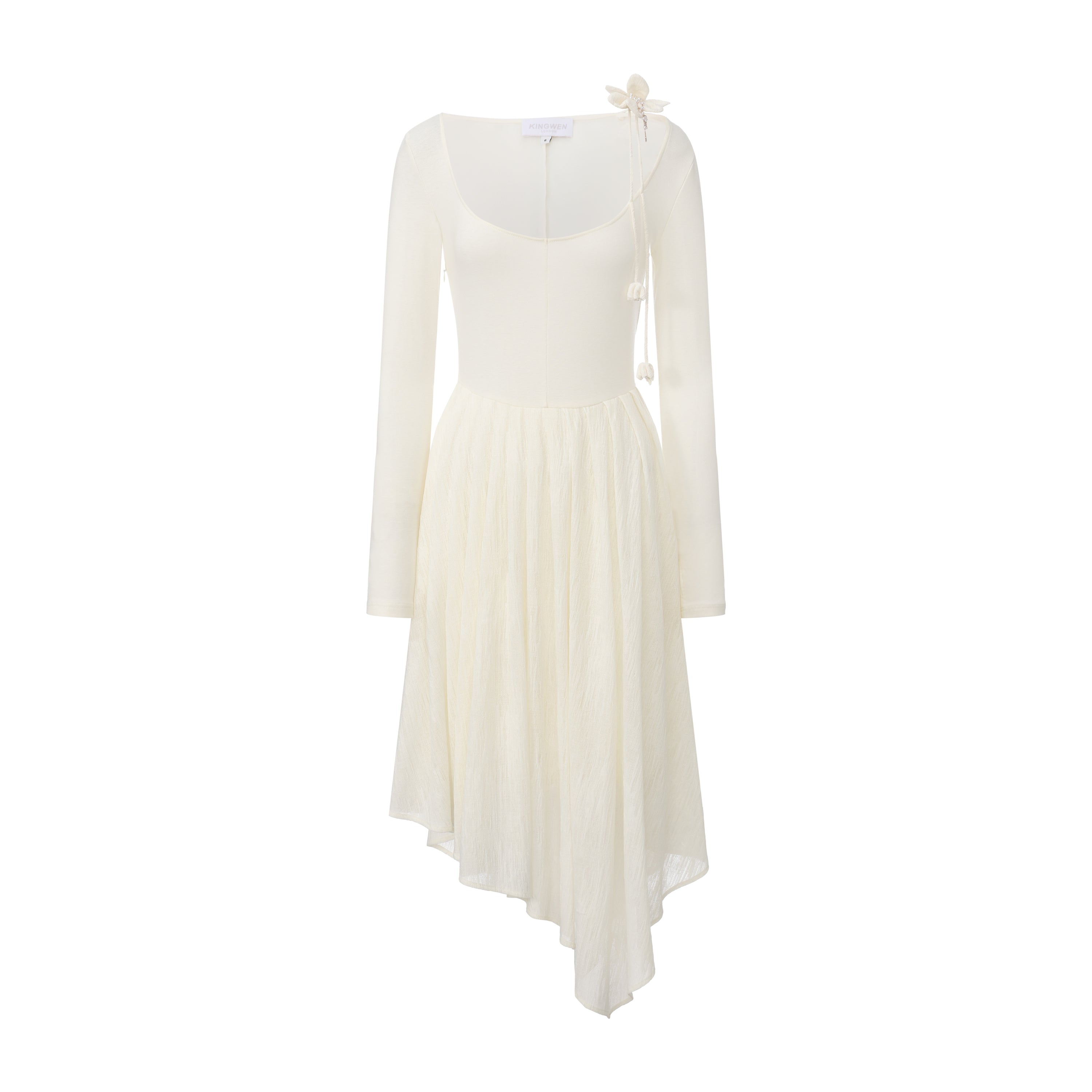 White U-Neck Long-Sleeve Panel Dress with Iris Floral Tie