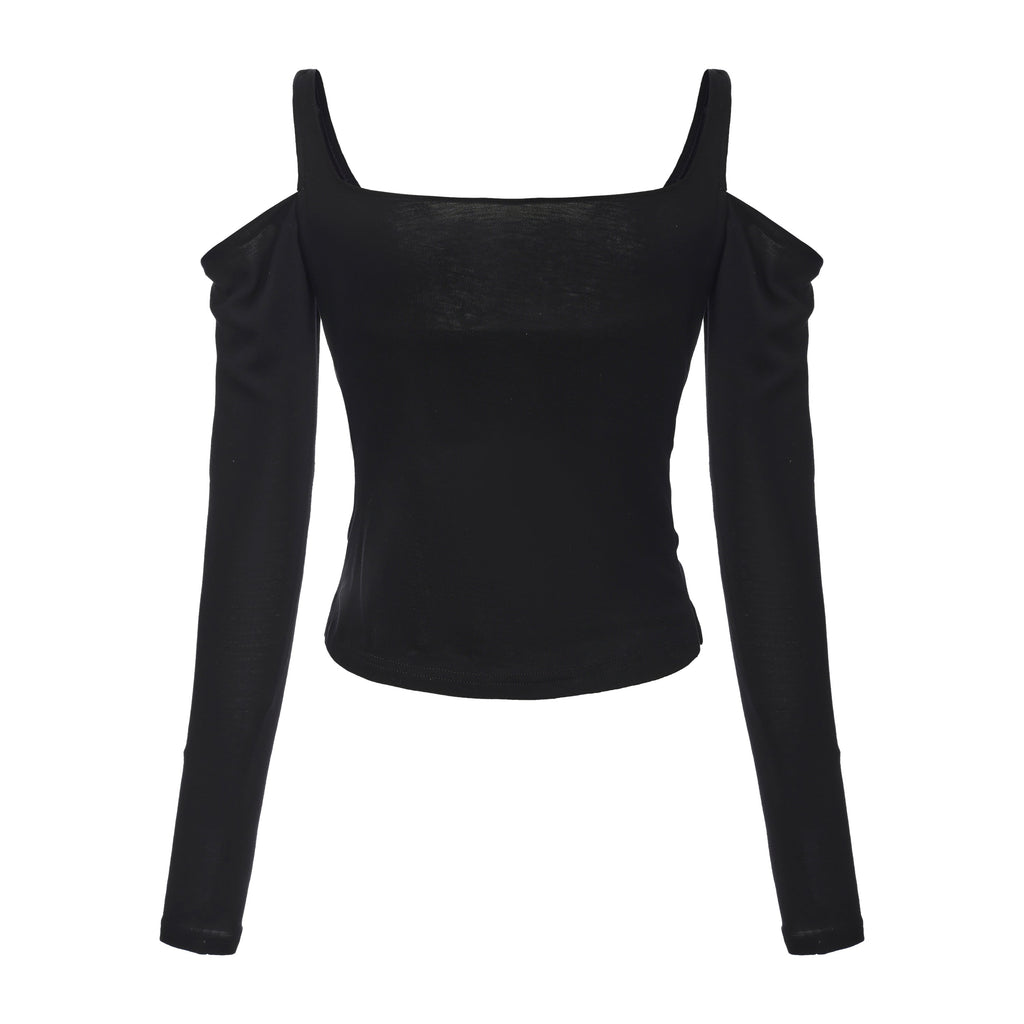 Black Off-The-Shoulder Draped Halter Long-Sleeve Top