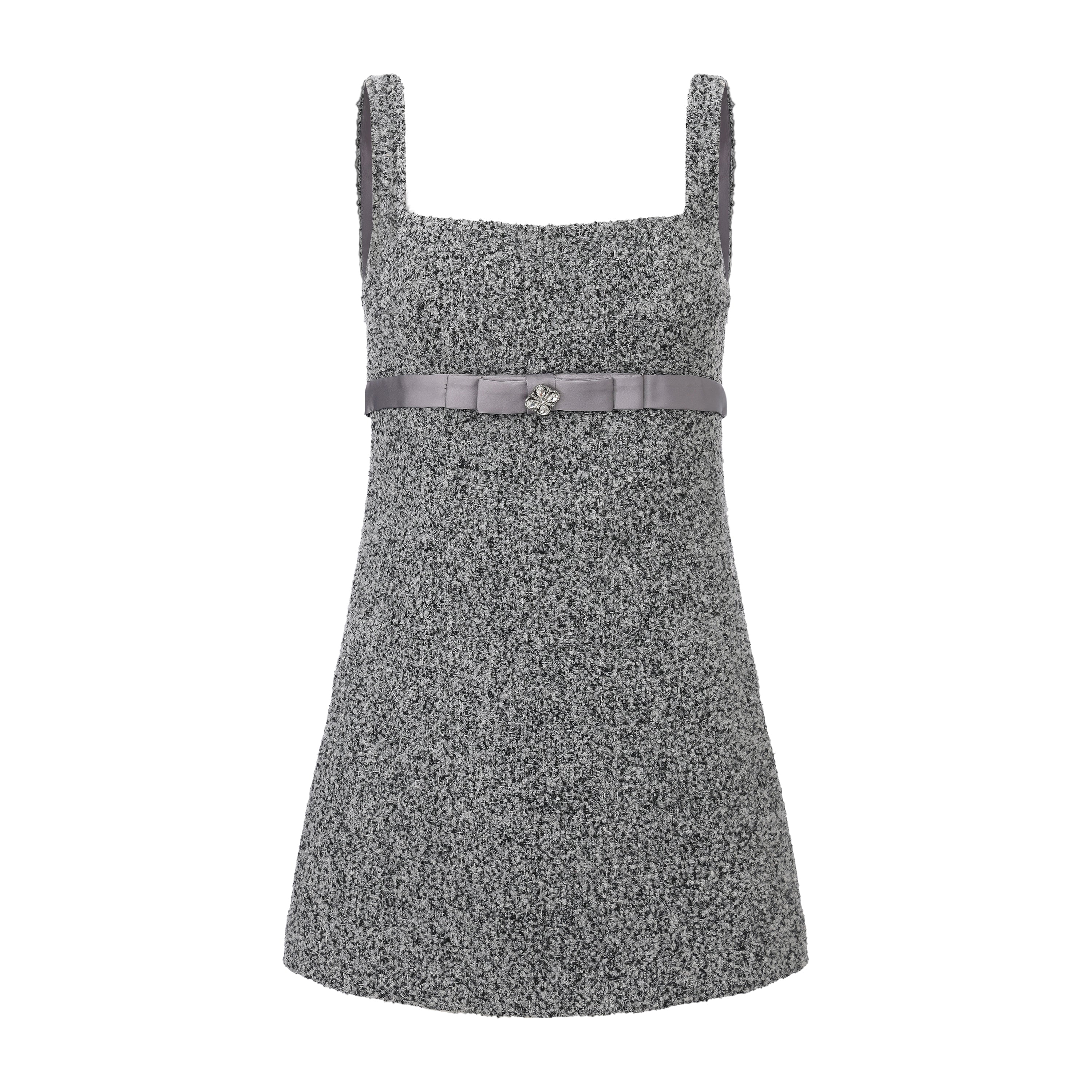 Gray Square-Necked Bow Woolen Dress
