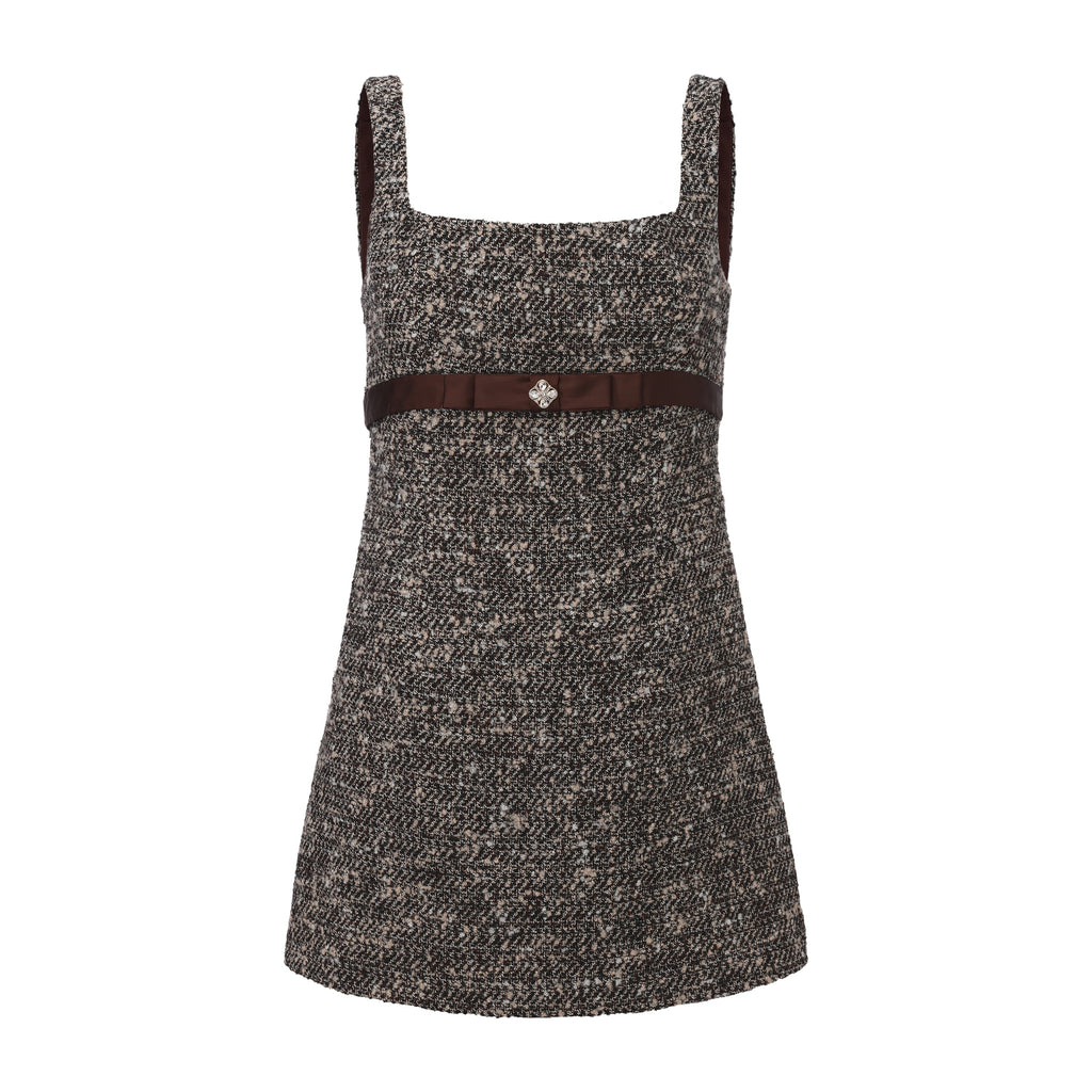 Brown Square-Necked Bow Tweed Dress