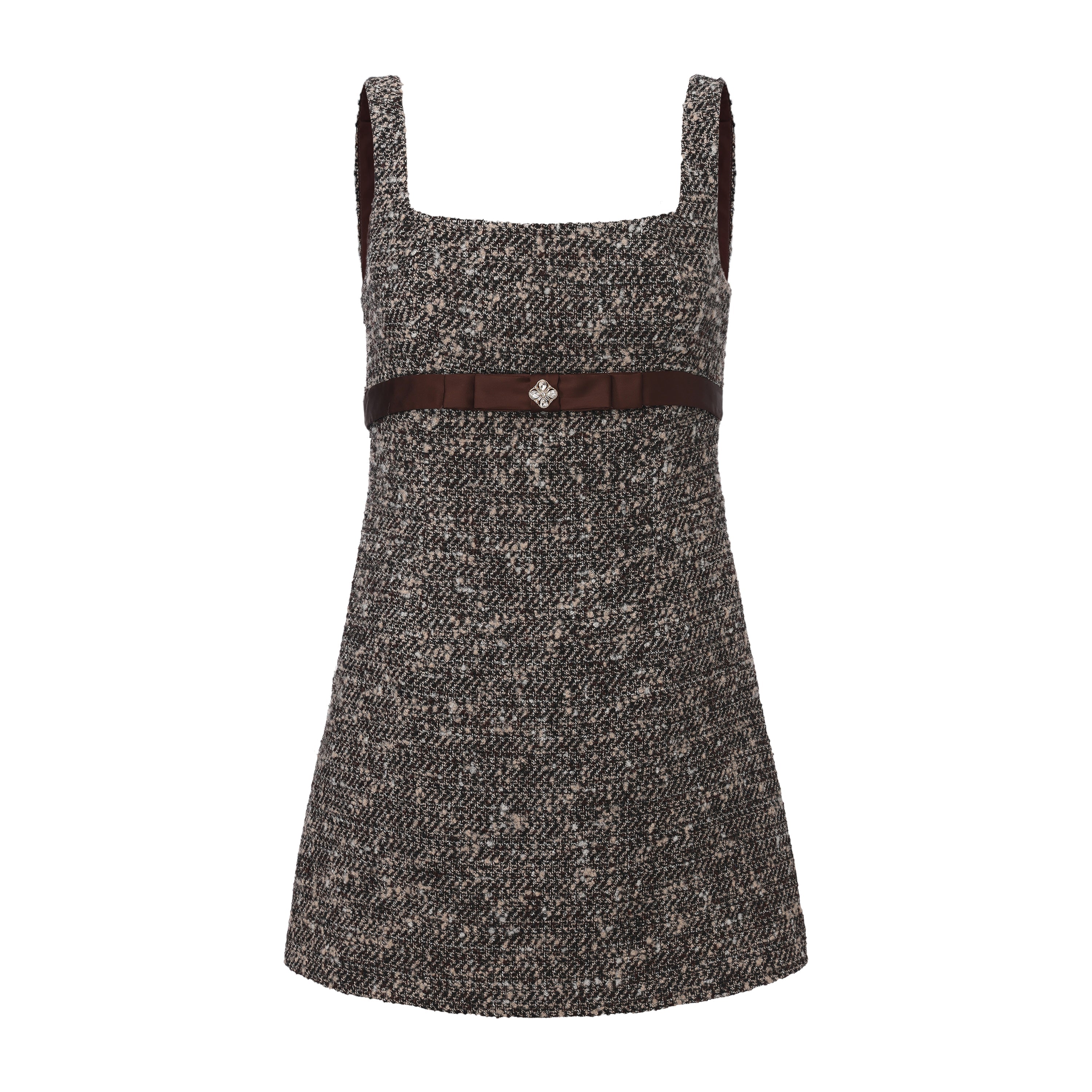 Brown Square-Necked Bow Tweed Dress