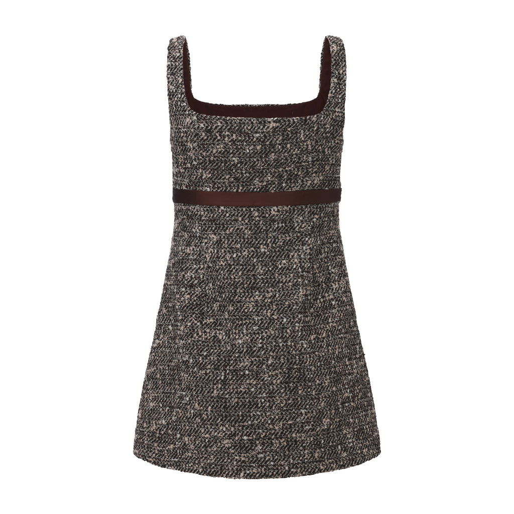 Brown Square-Necked Bow Tweed Dress