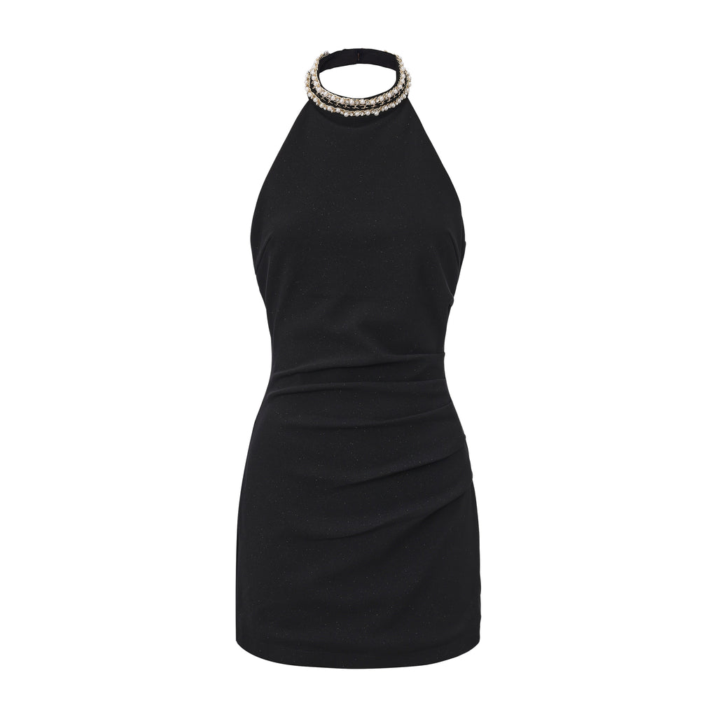 Black Halter Beaded Ruched Dress
