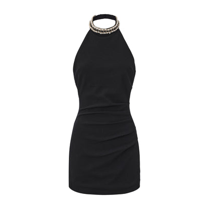 Black Halter Beaded Ruched Dress