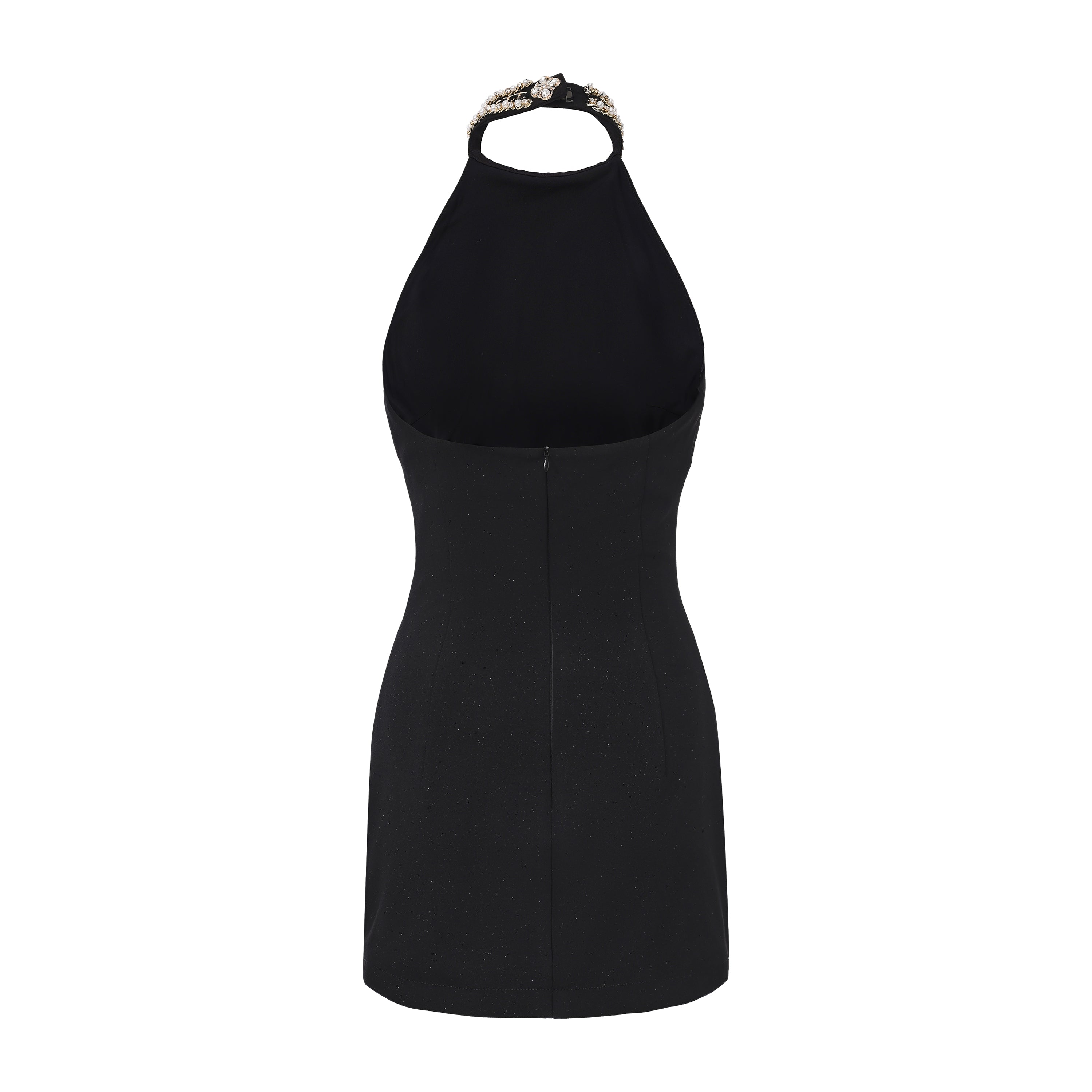 Black Halter Beaded Ruched Dress