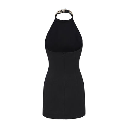Black Halter Beaded Ruched Dress