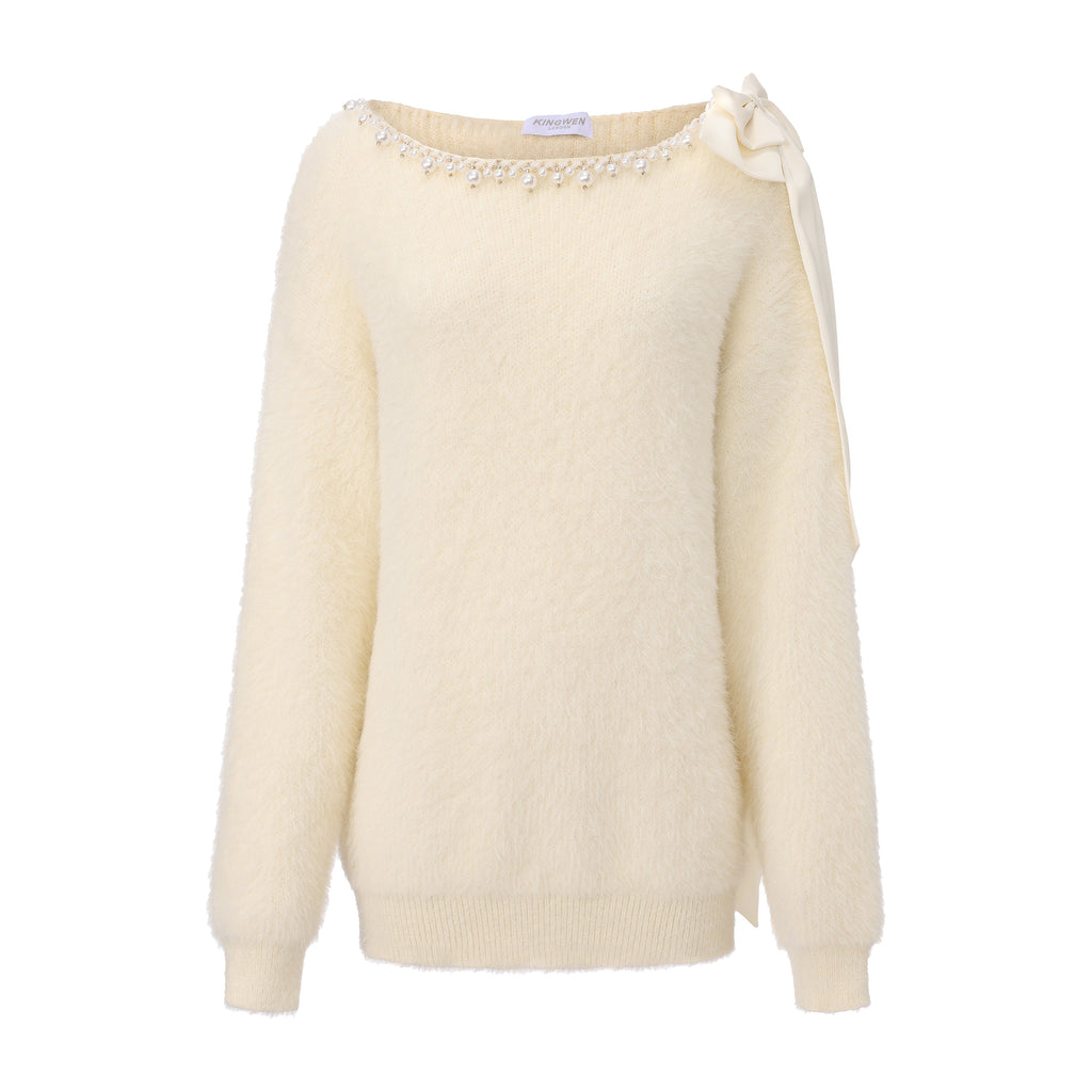 White Off-The-Shoulder Beaded Sweater