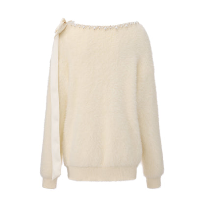 White Off-The-Shoulder Beaded Sweater