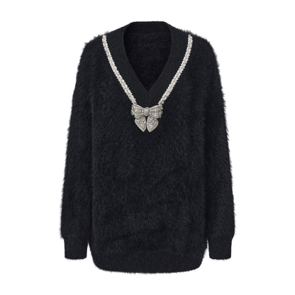 Black Bow Draped Chain Sweater