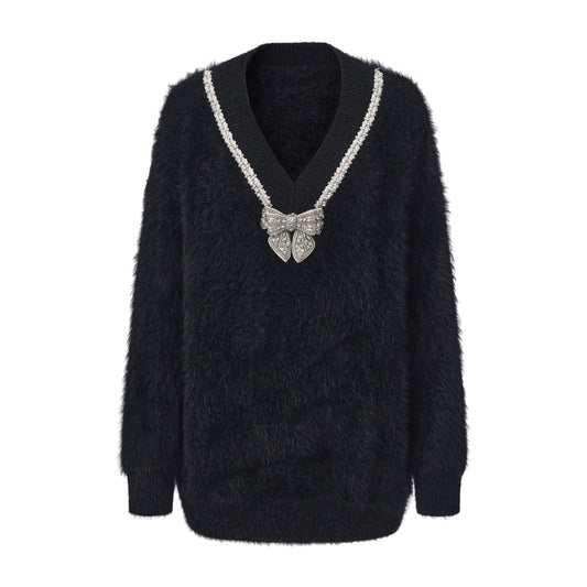 Black Bow Draped Chain Sweater