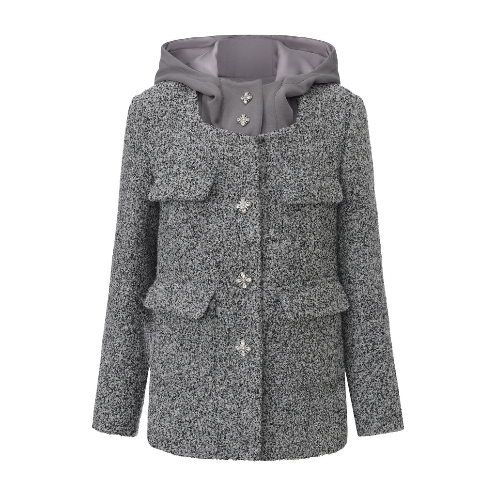 Gray Detachable Square-Necked Tweed Coat