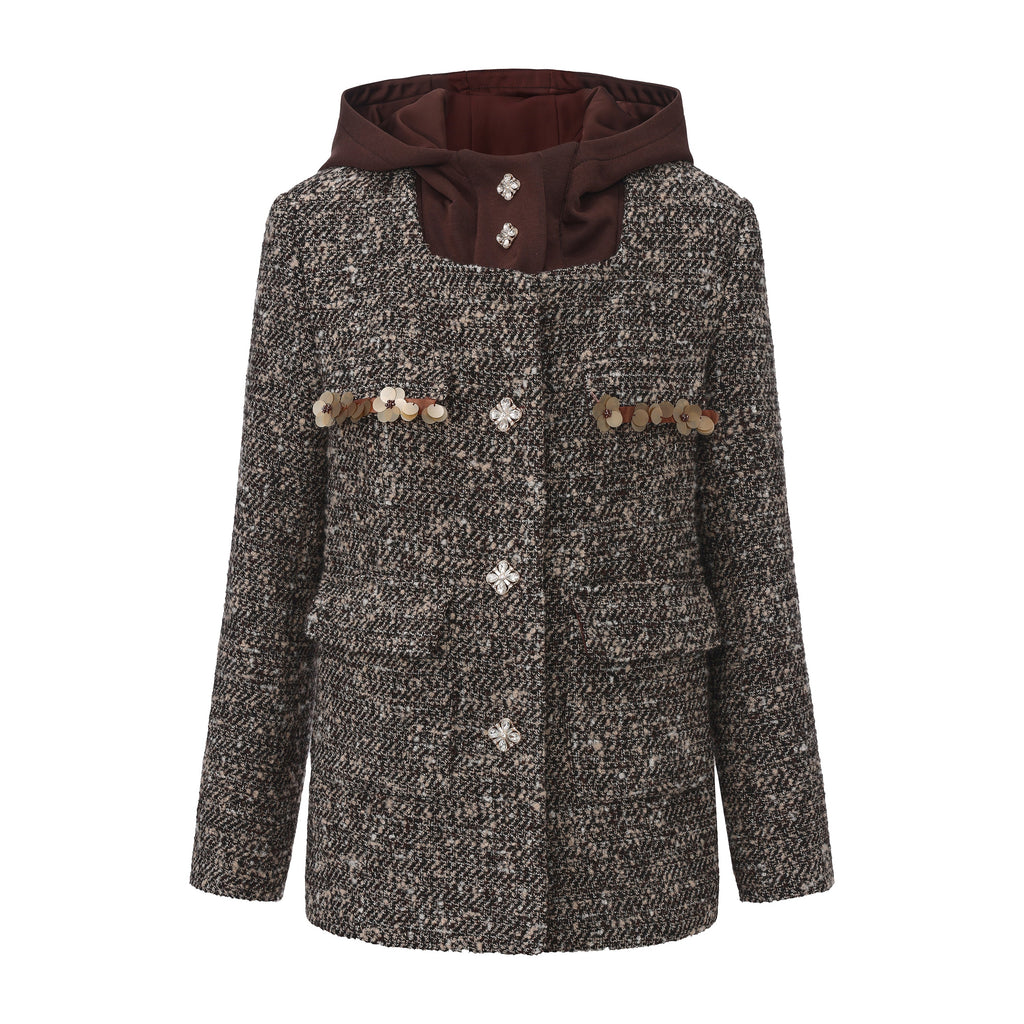 Brown Detachable Square-Necked Tweed Coat
