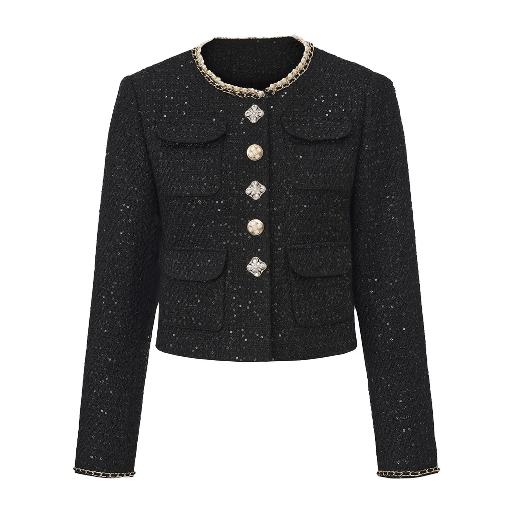 Black Round-Necked Small Fragrance Coat With Pockets