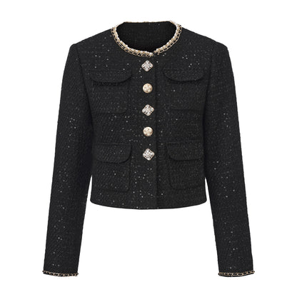 Black Round-Necked Small Fragrance Coat With Pockets