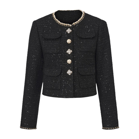 Black Round-Necked Small Fragrance Coat With Pockets