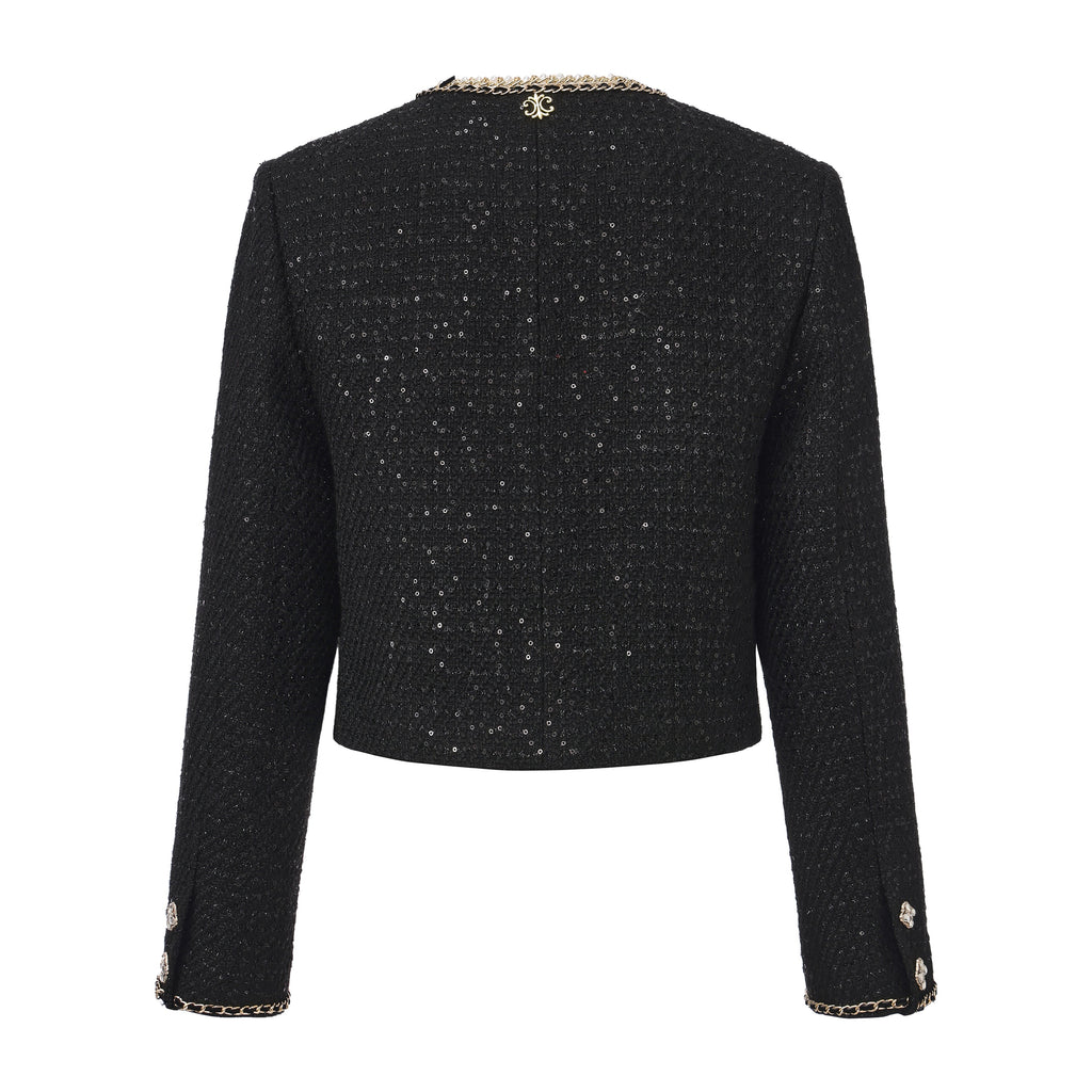 Black Round-Necked Small Fragrance Coat With Pockets