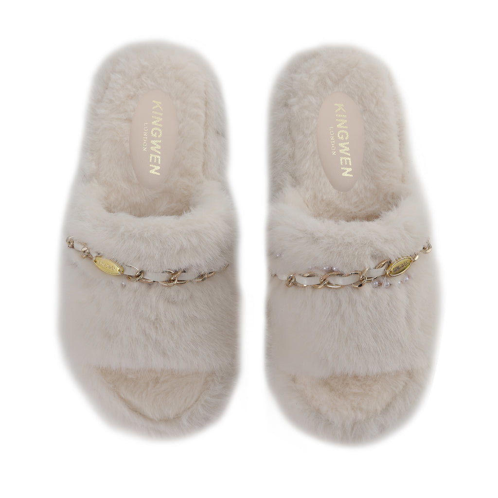 White Platform Chain Pearl Furry Slippers