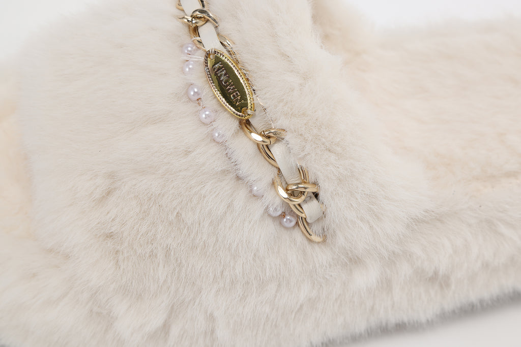 White Platform Chain Pearl Furry Slippers