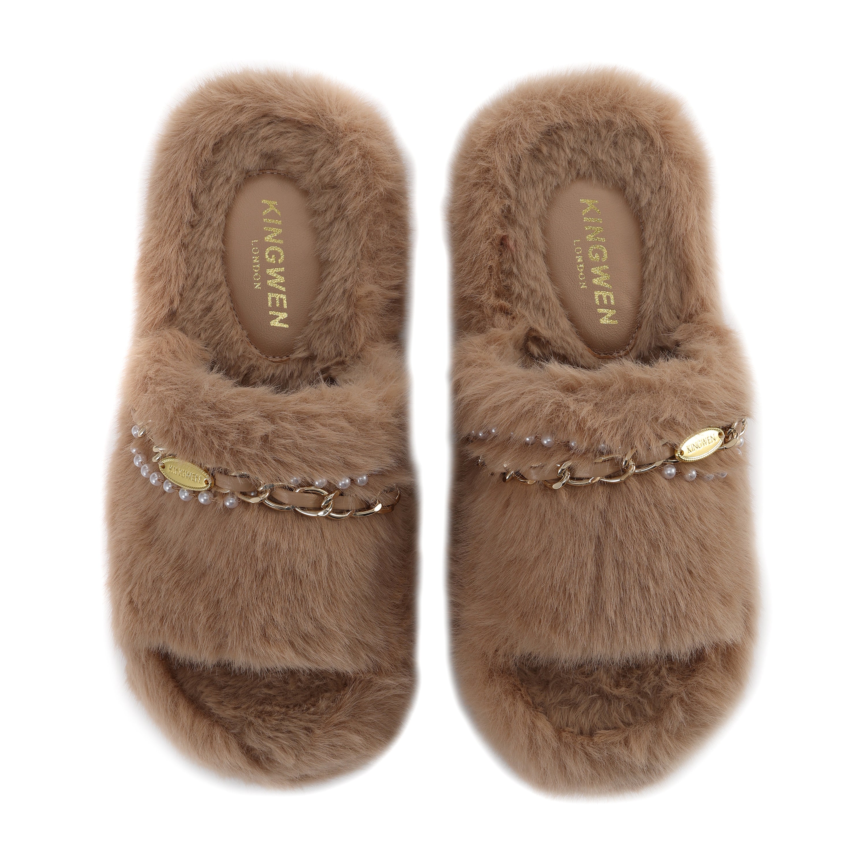 Coffee Platform Chain Pearl Furry Slippers