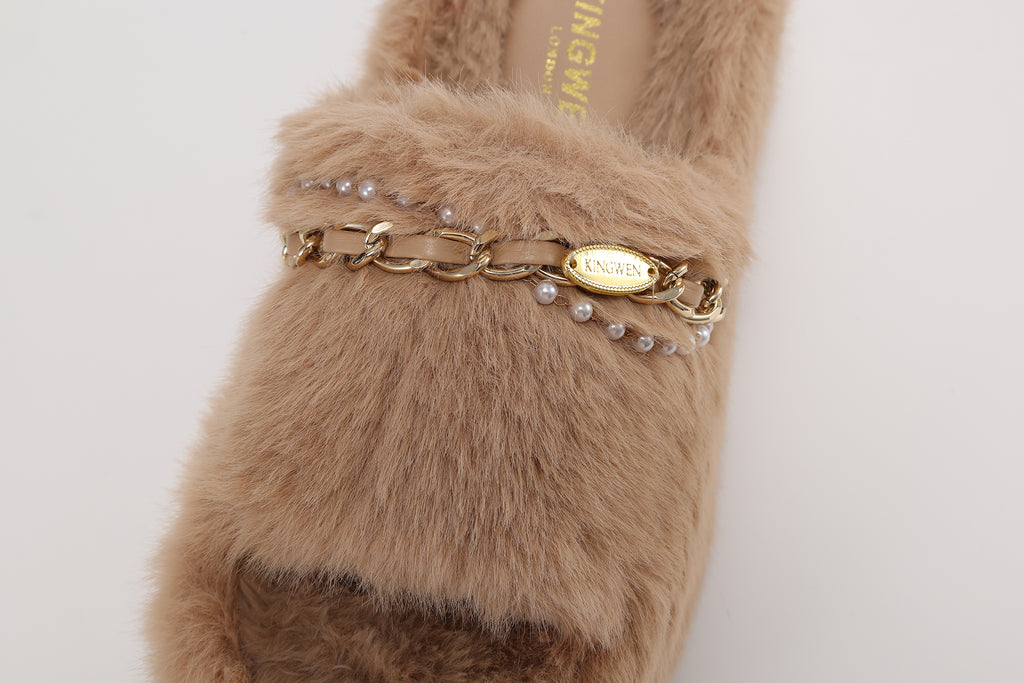 Coffee Platform Chain Pearl Furry Slippers