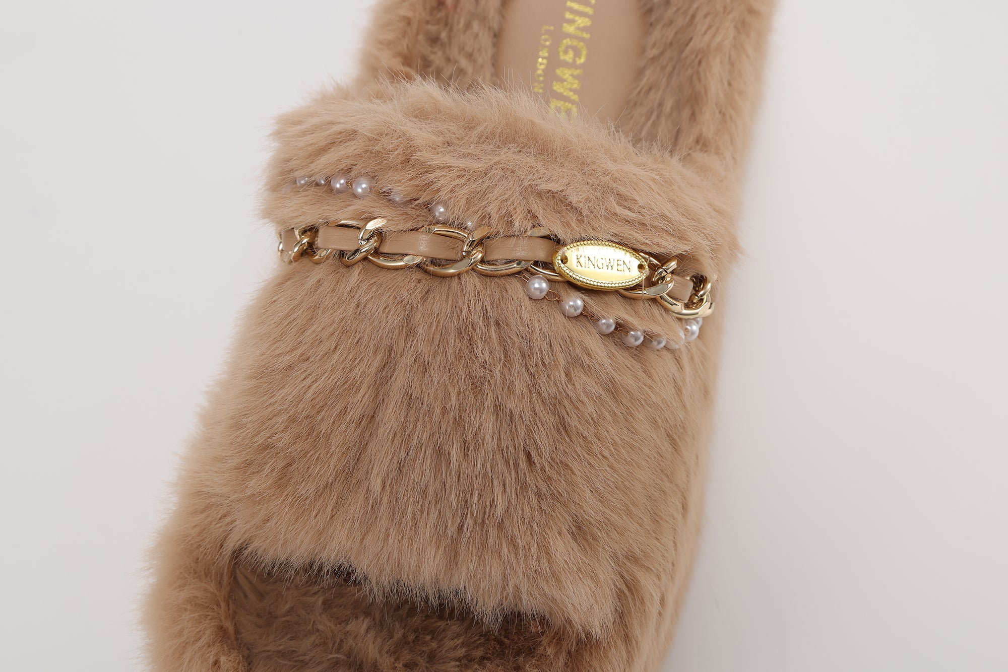 Coffee Platform Chain Pearl Furry Slippers