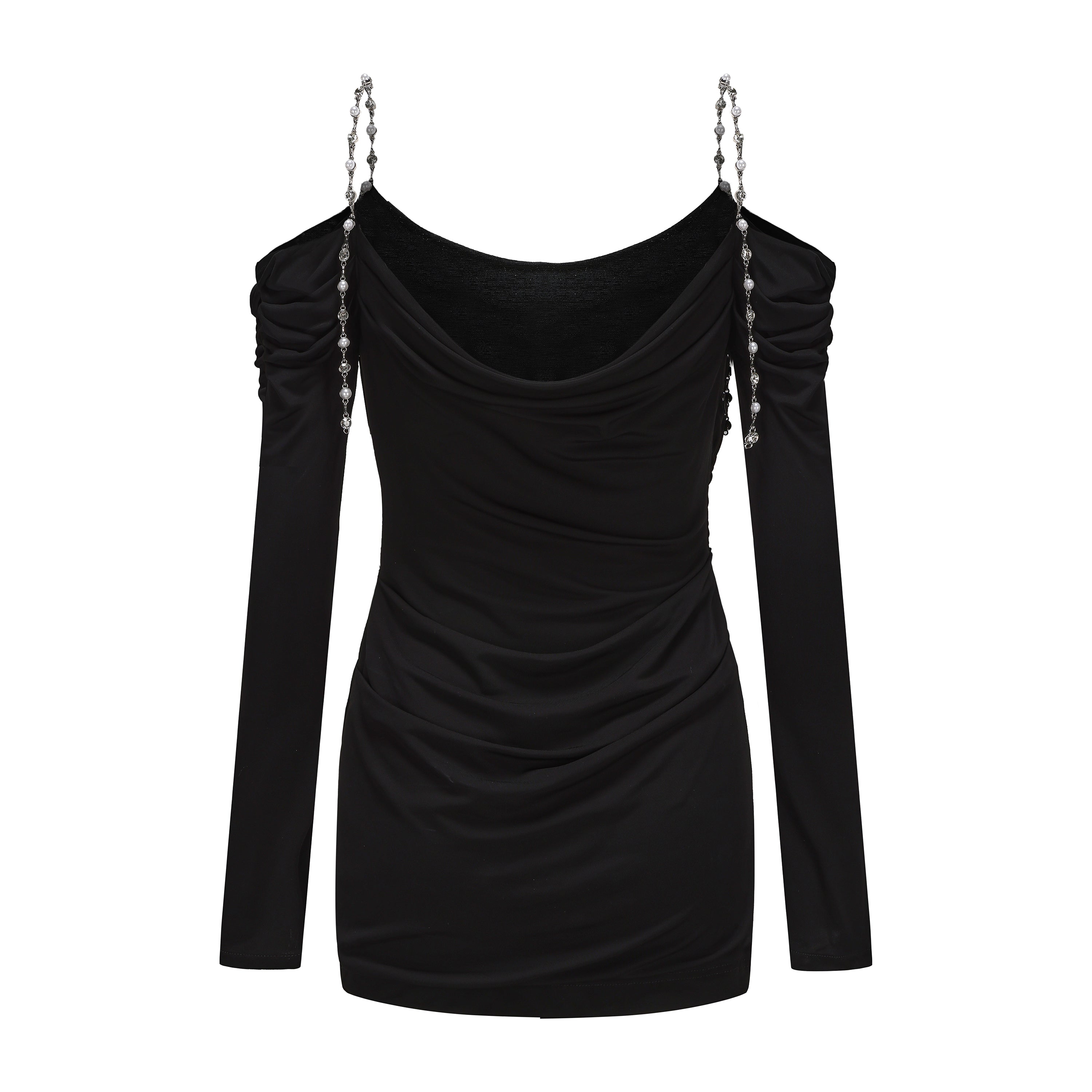Black Metal-Strapped Ruched Fitted Dress