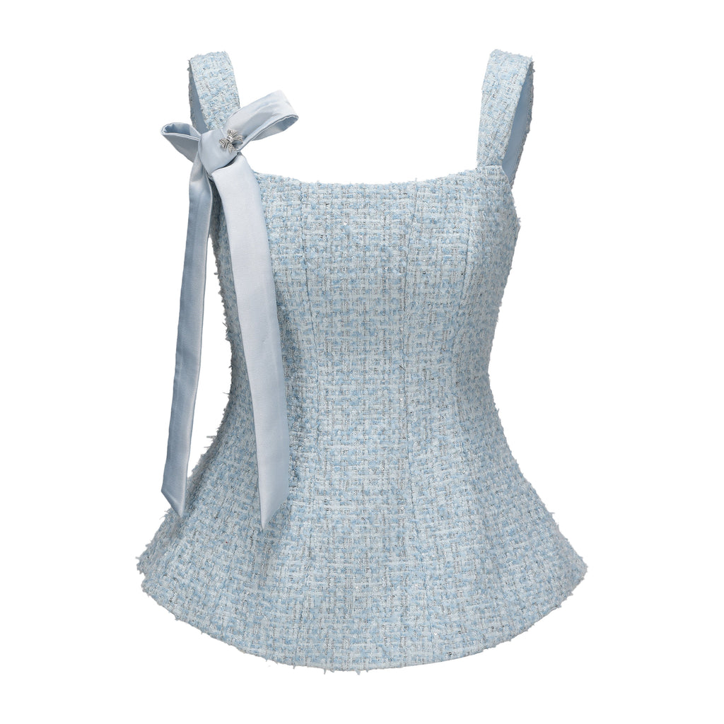 Blue Bow-Detailed Sleeveless Fitted Top