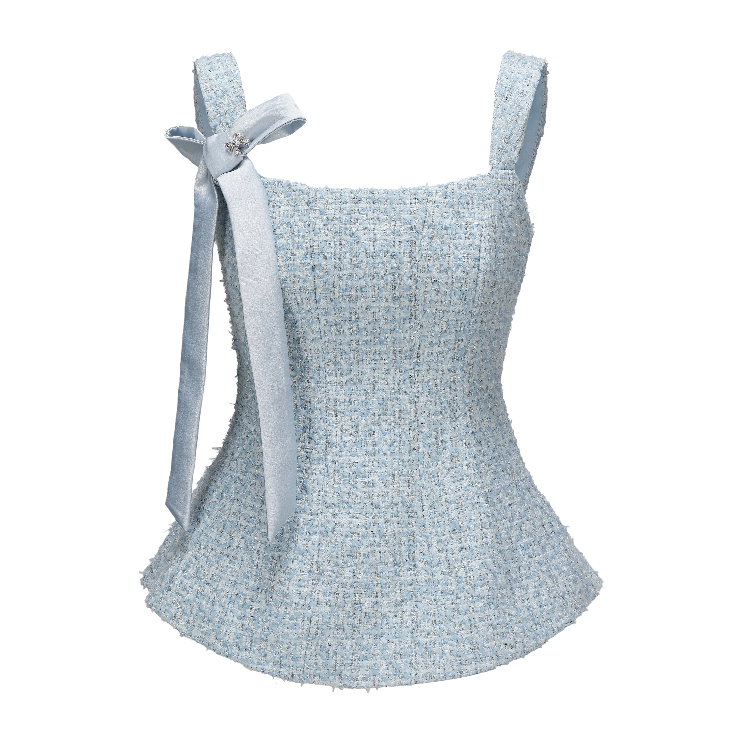 Blue Bow-Detailed Sleeveless Fitted Top