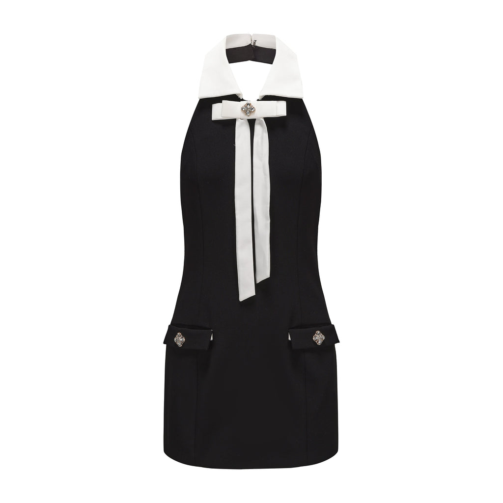 Black Bow Collared Waist-Cinching Dress