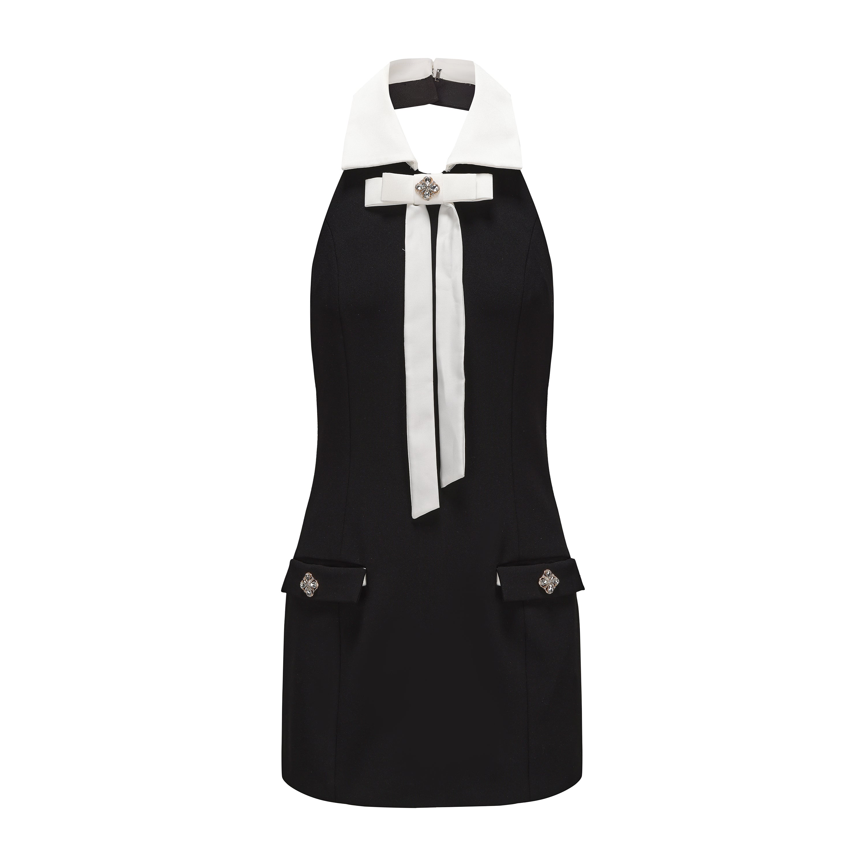 Black Bow Collared Waist-Cinching Dress