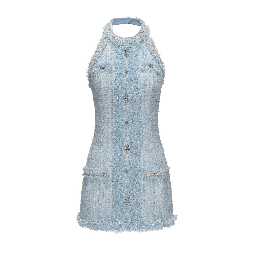 Blue Halter Beaded Tweed Dress