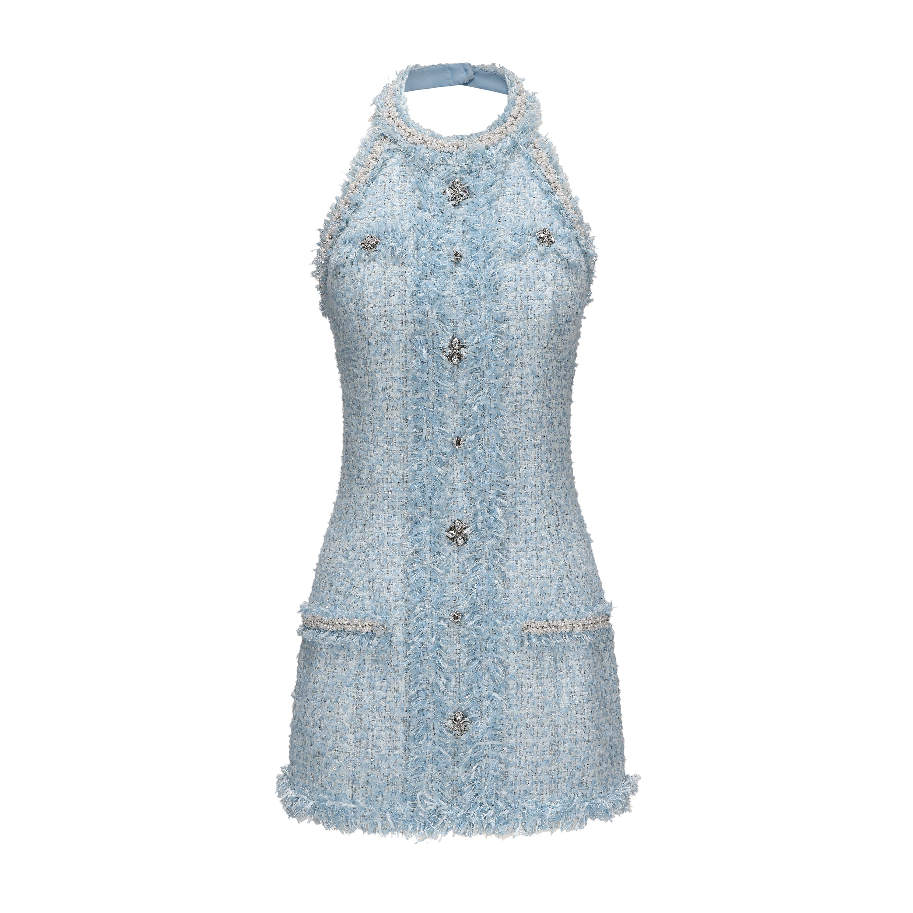 Blue Halter Beaded Tweed Dress