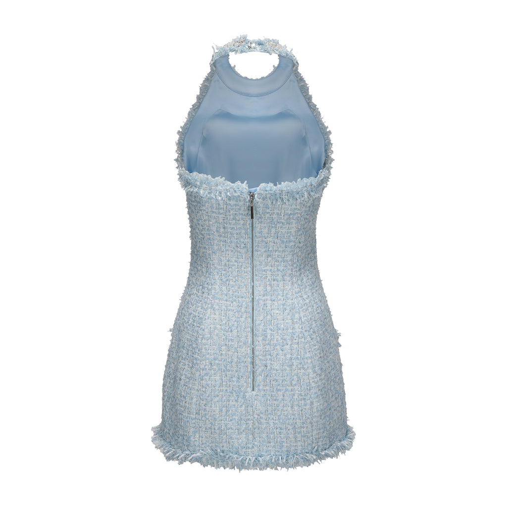 Blue Halter Beaded Tweed Dress