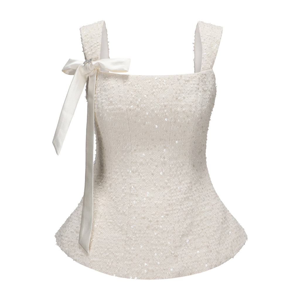 White Bow-Detailed Sleeveless Fitted Top