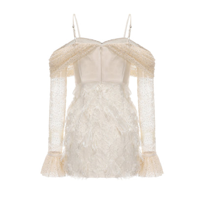 Beige Lace Fitted Waist Dress