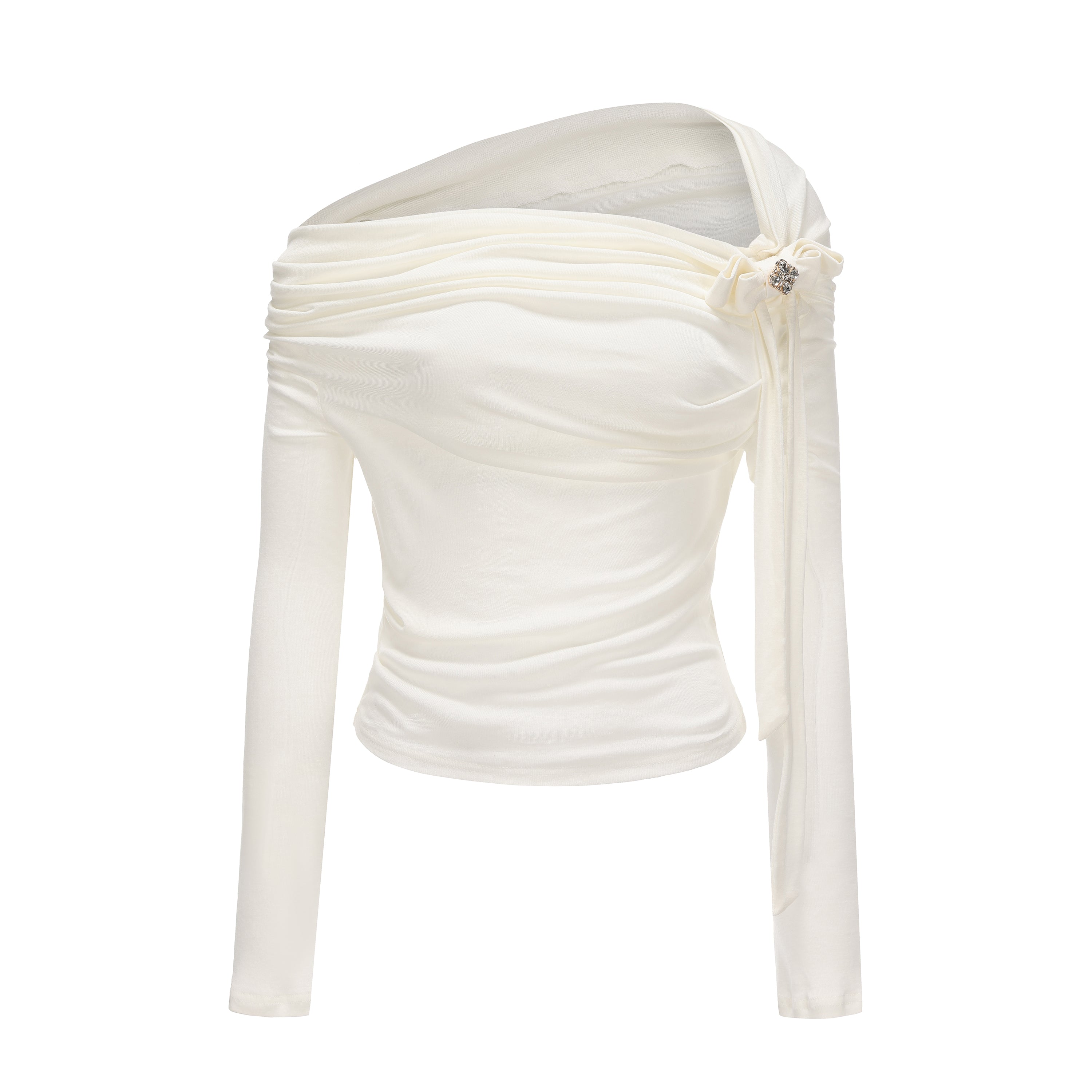 White Off-The-Shoulder Pleated Bow Ribbon Blouse