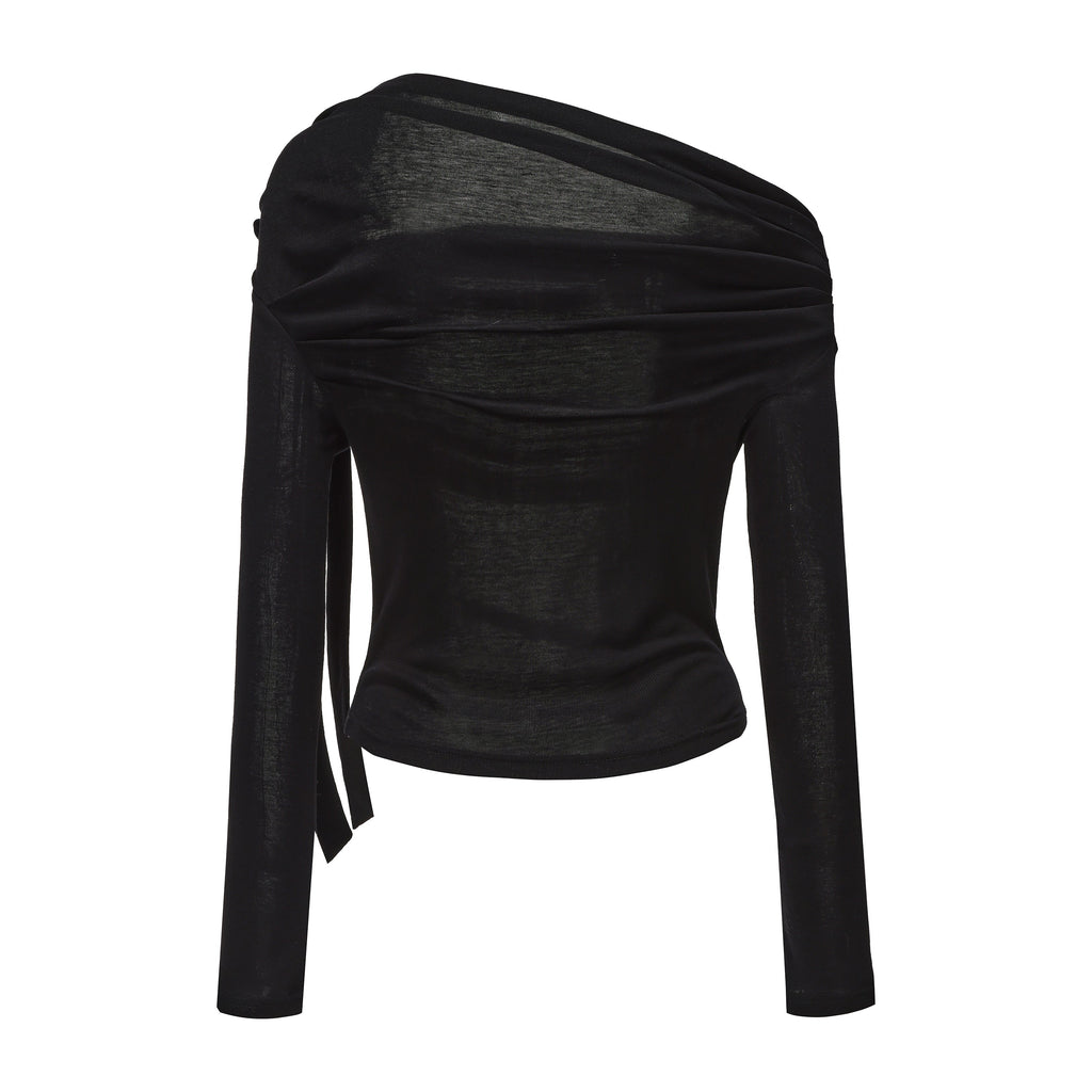 Black Off-The-Shoulder Pleated Bow Ribbon Blouse