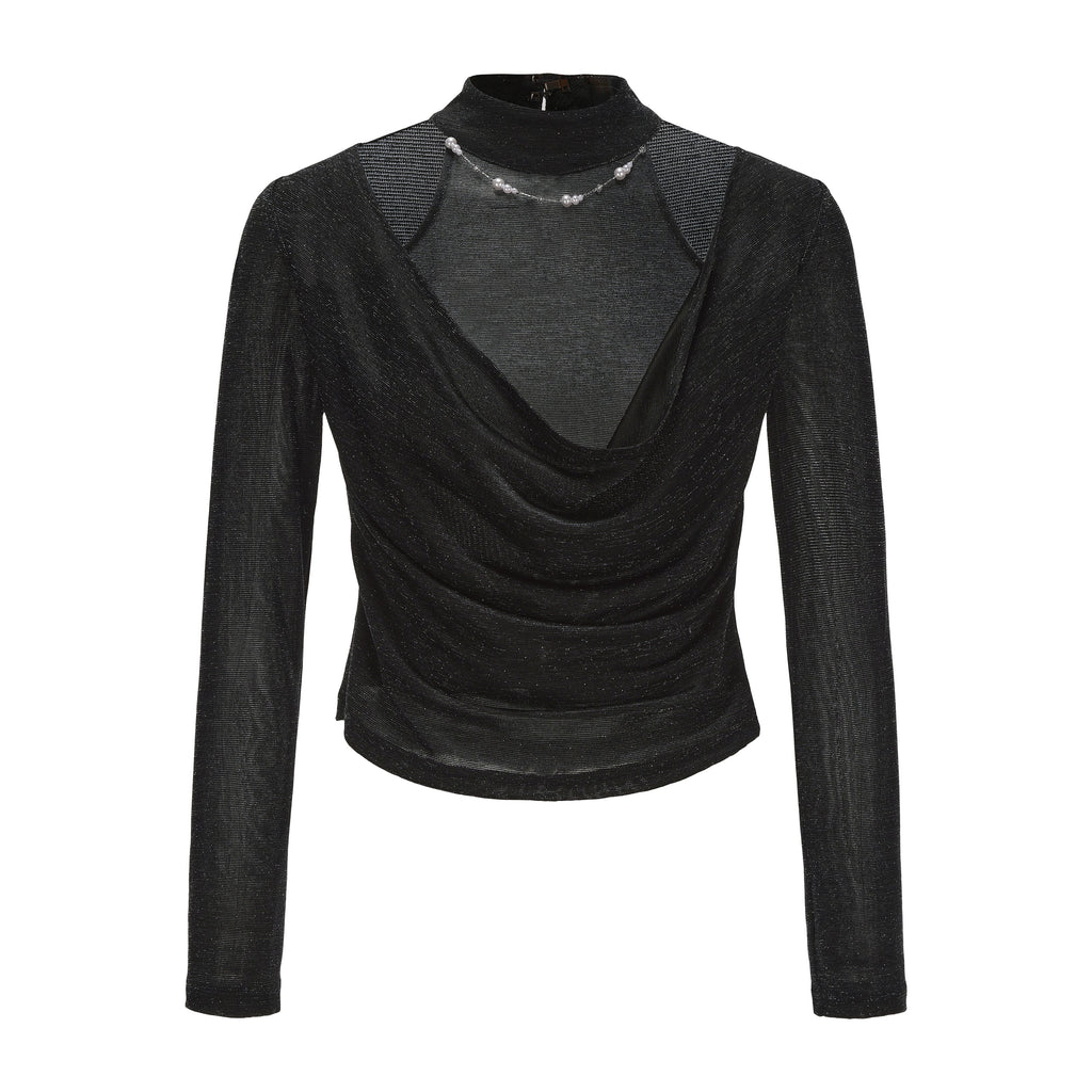 Black Bbeaded Mock-Neck False Two-Piece Top